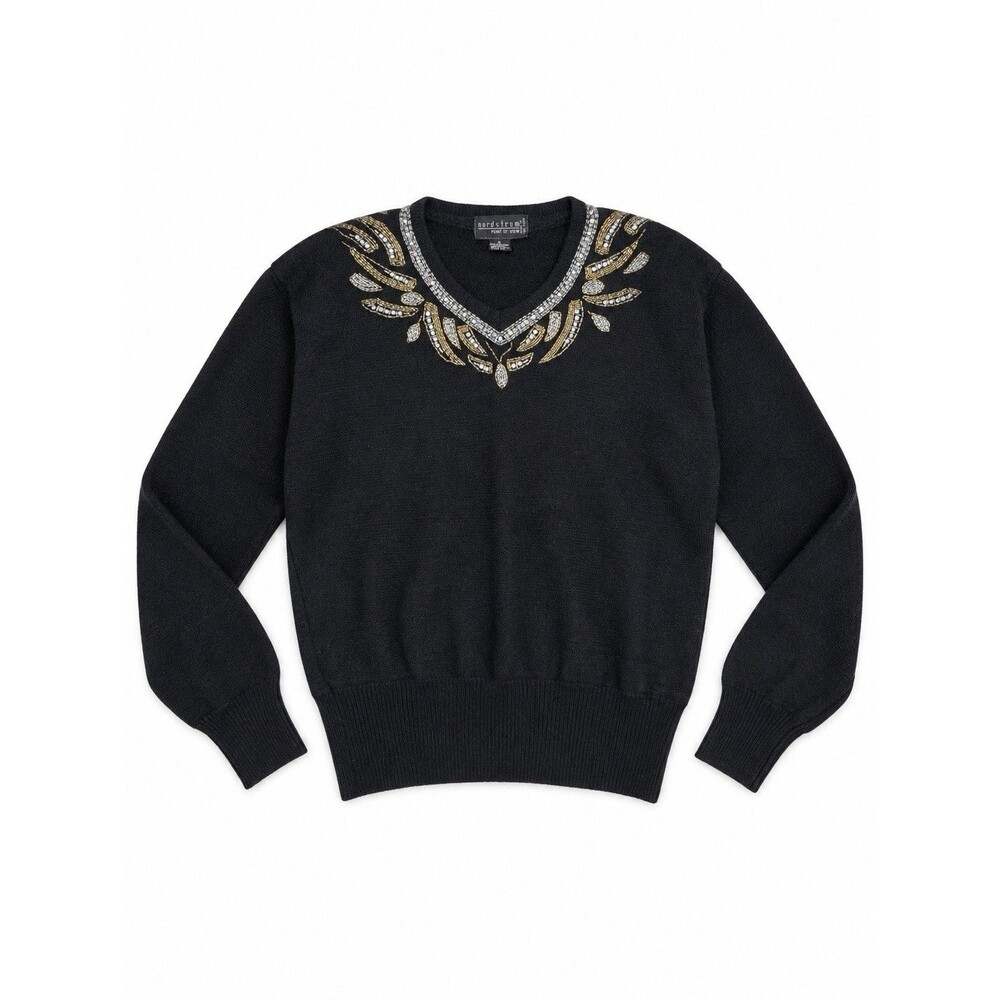 Nordstrom Point of View Black Beaded Lambswool Angora V Neck Sweater Size M